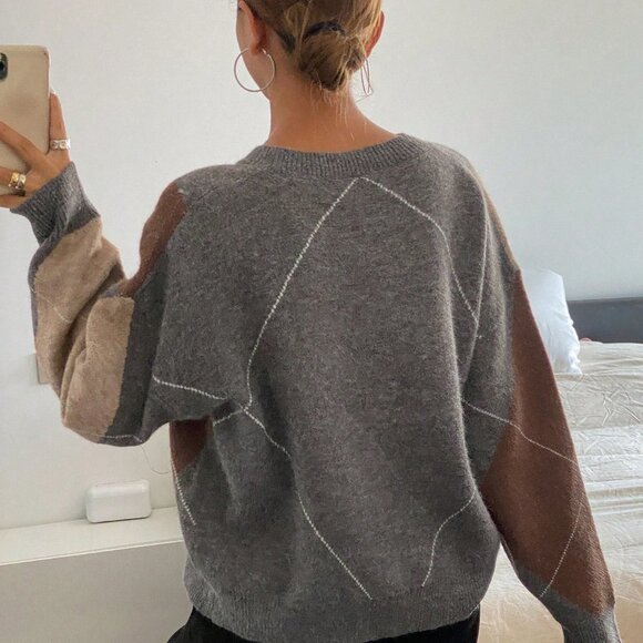 Brown Casual Women's Plaid Loose Long Sleeve Crew Neck Sweater - Picture 3 of 7